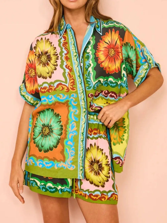 Printed Button Down Top and Drawstring Shorts Set - felvior