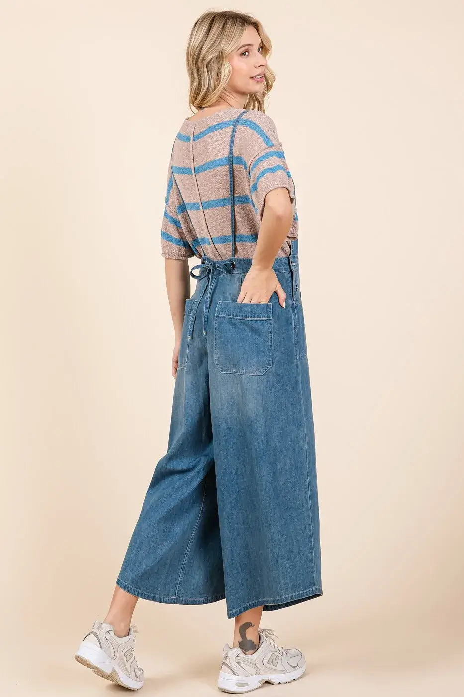 Mittoshop Denim Tie Back Sleeveless Wide Leg Overalls