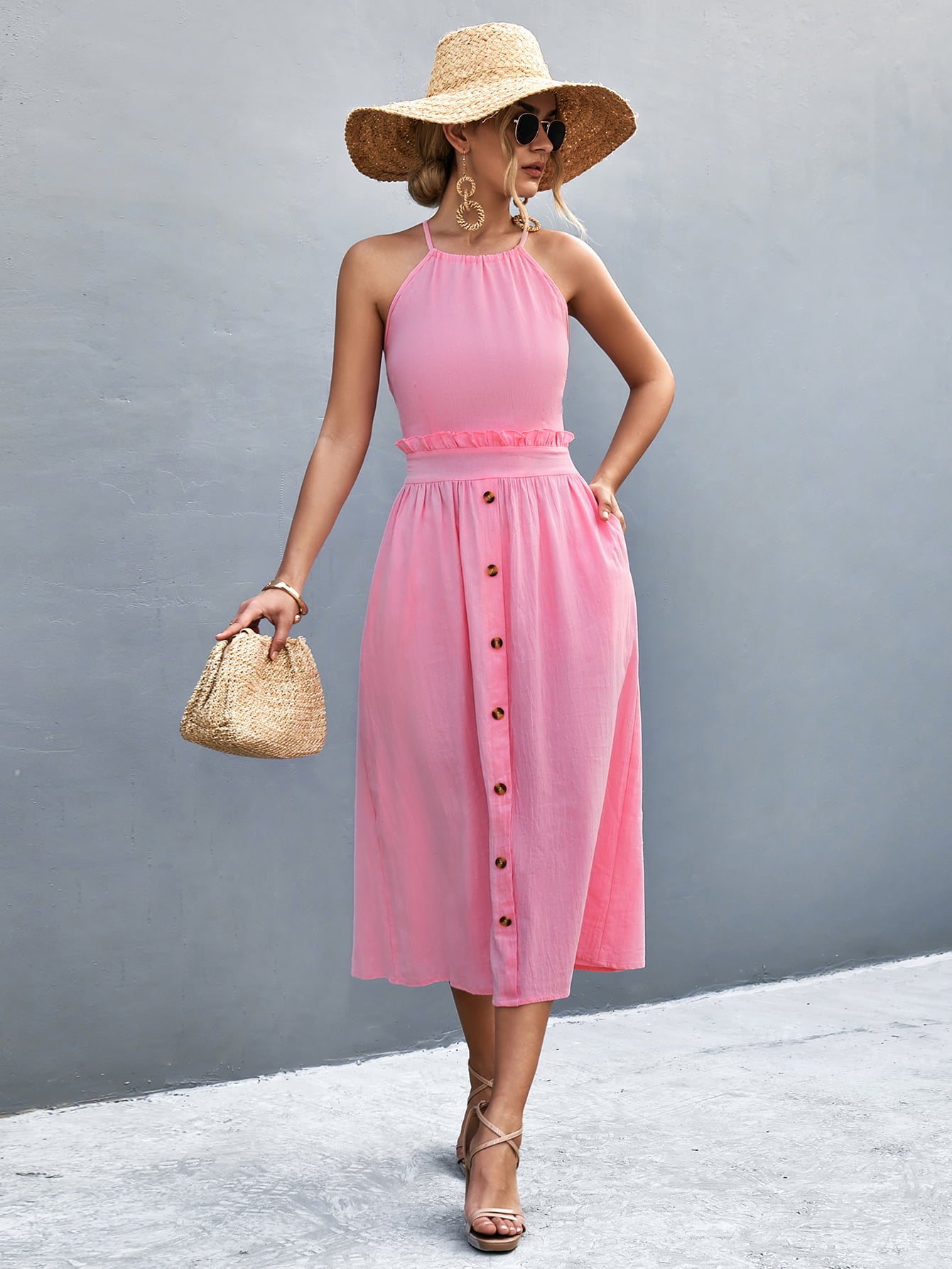 Buttoned Halter Neck Frill Trim Midi Dress - felvior