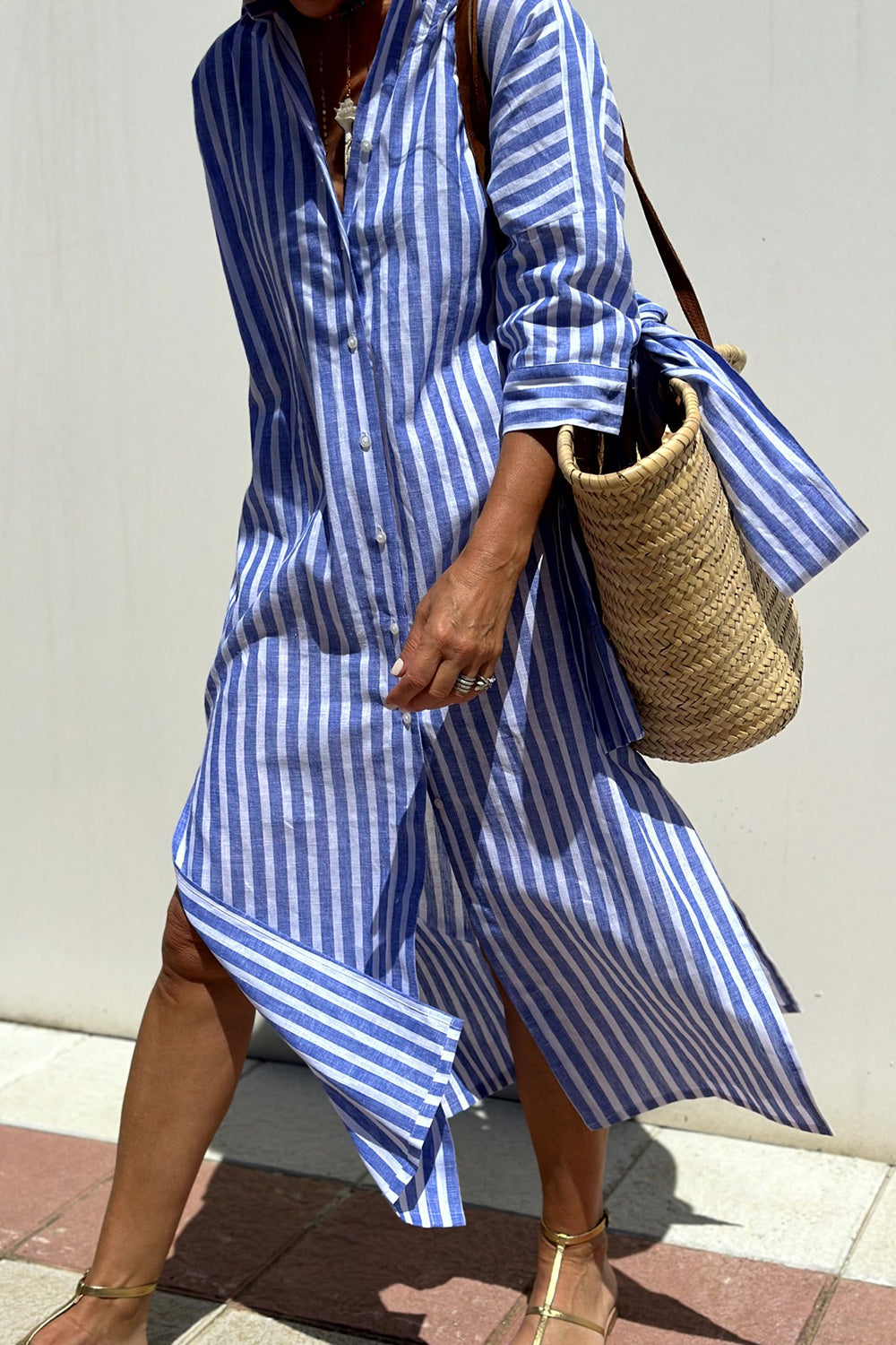 Tied Button Up Three-Quarter Sleeve Dress - felvior