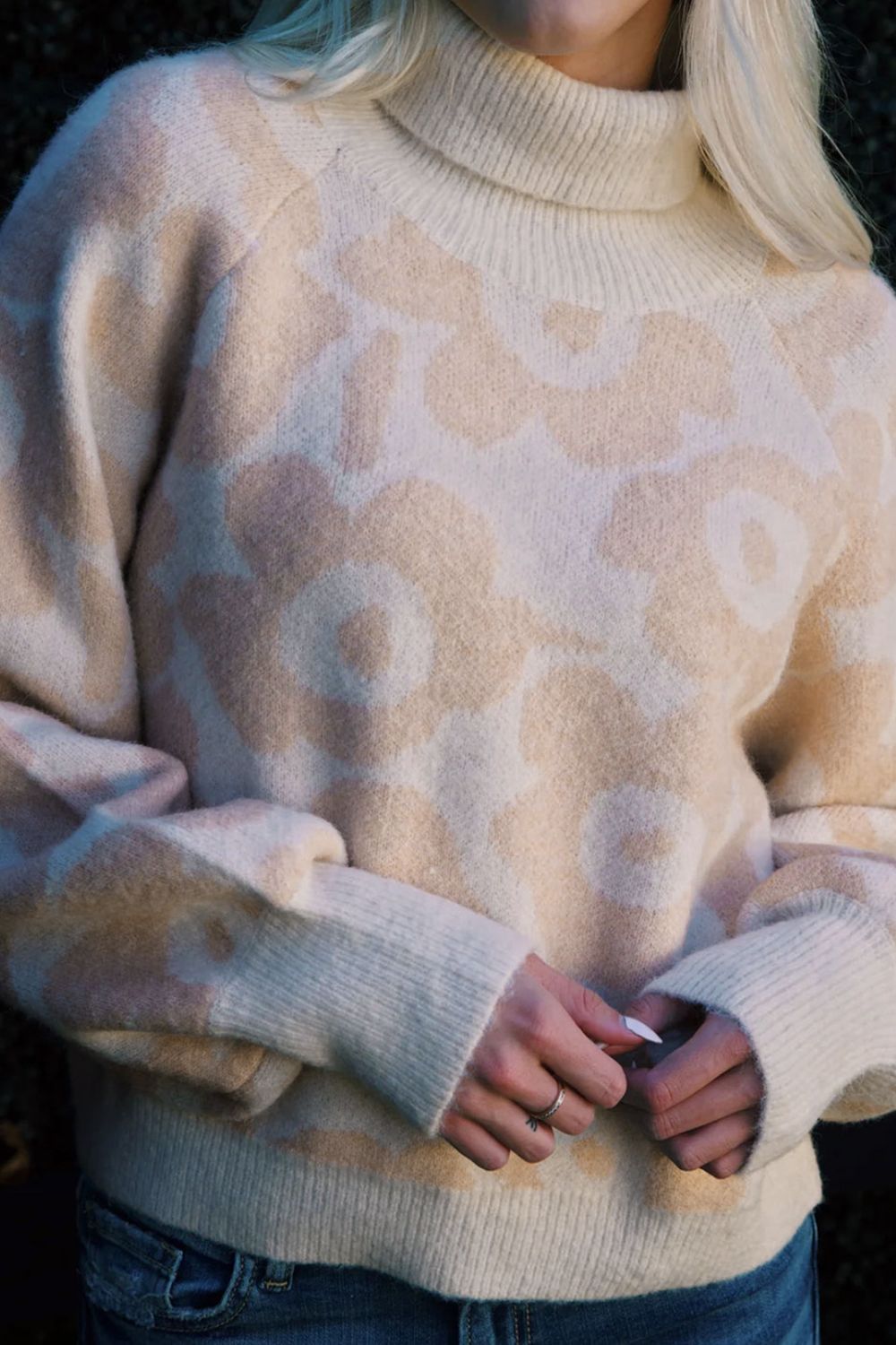 Flower Pattern Turtleneck Long Sleeve Sweater - felvior