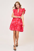 Umgee Full Size Two Tone Floral Print Ruffle Cap Sleeve Mini Dress Plus Size