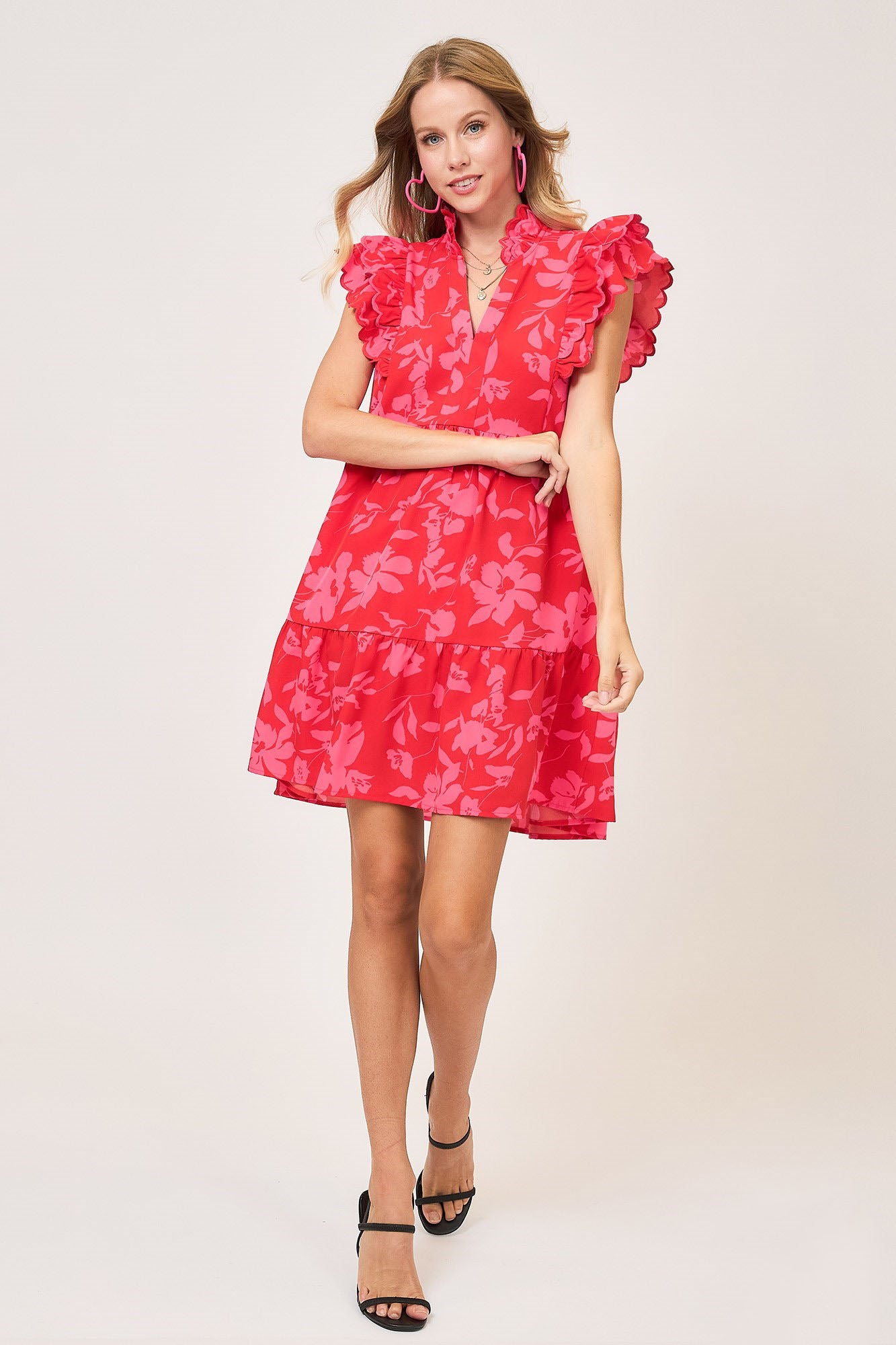 Umgee Full Size Two Tone Floral Print Ruffle Cap Sleeve Mini Dress Plus Size