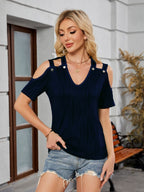 Textured V-Neck Cold Shoulder Top