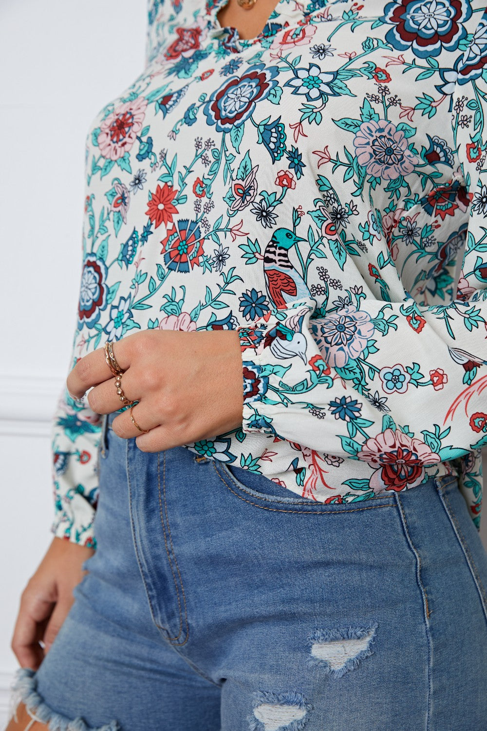 Floral Notched Long Sleeve Blouse - felvior