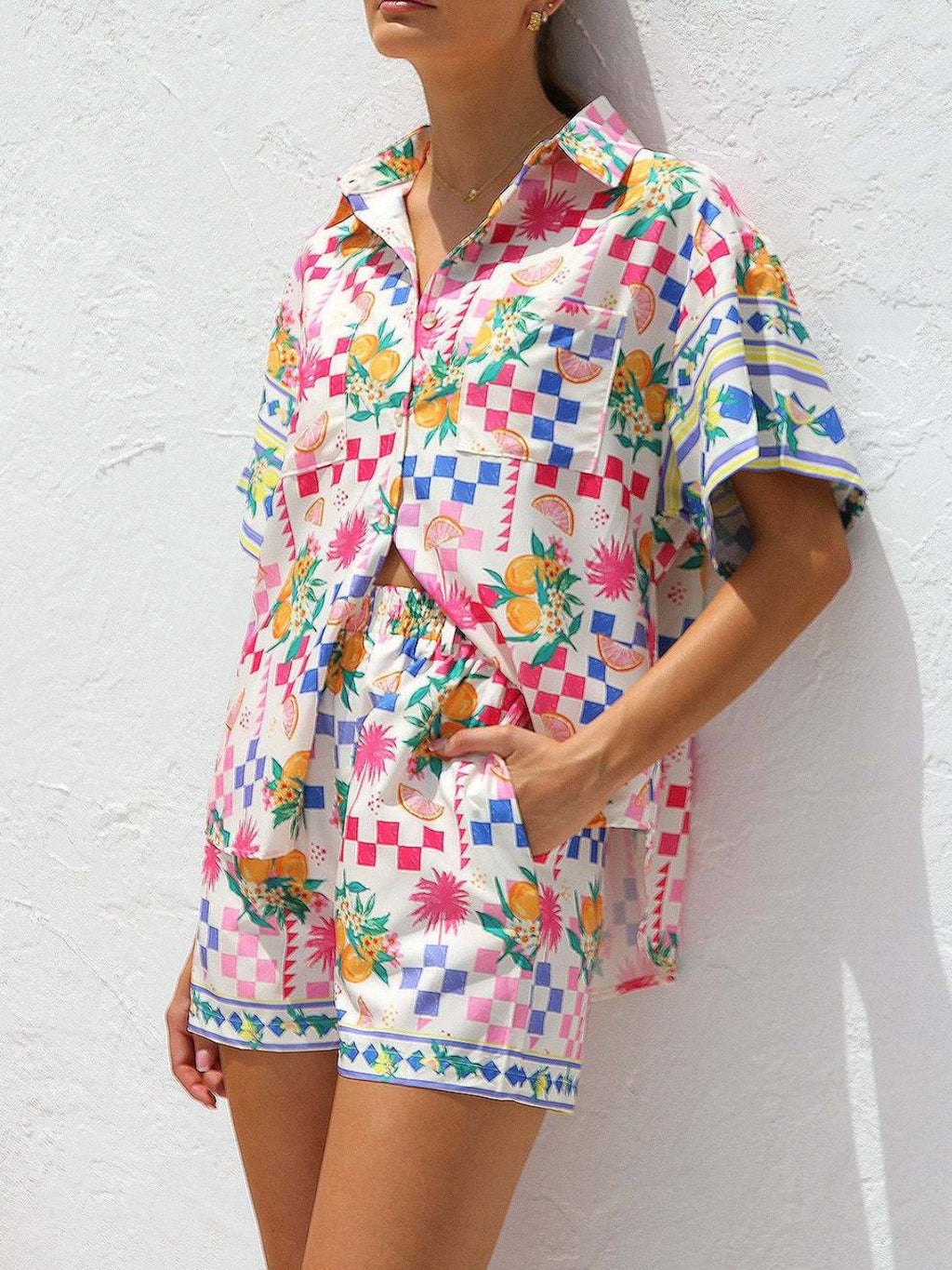 Printed Button Down Short Sleeve Top and Shorts Set