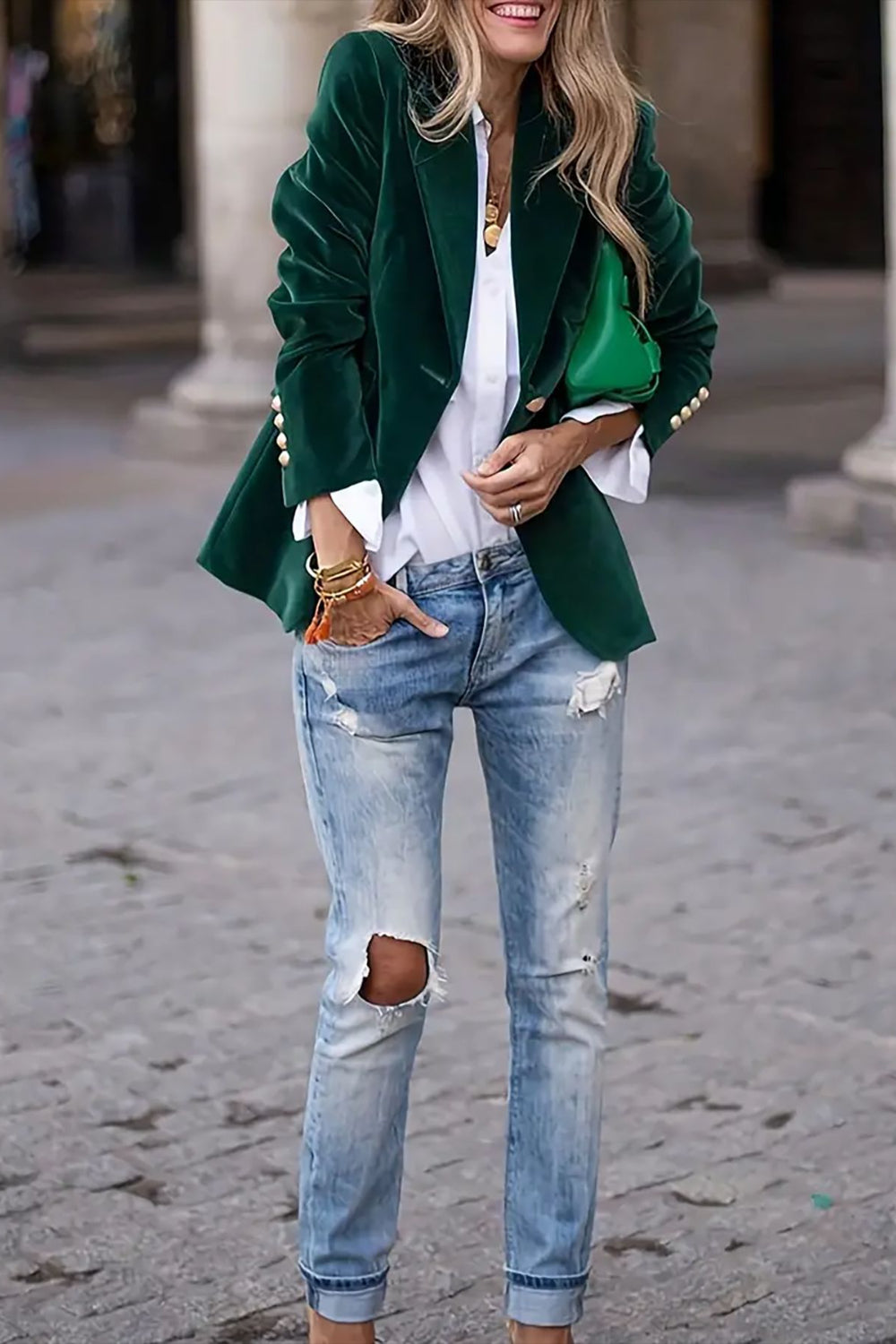 One Button Lapel Collar Long Sleeve Blazer - felvior