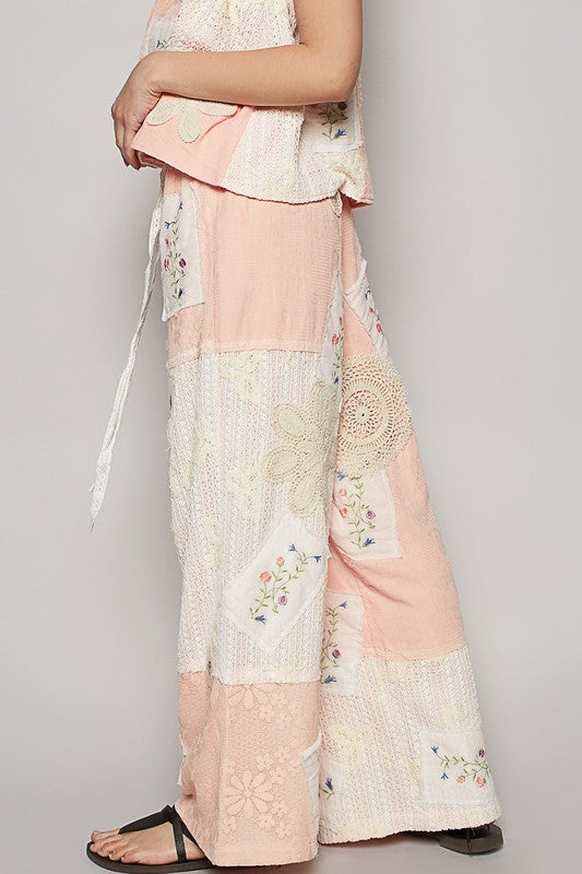 POL Embroidered Drawstring Lace Patch Wide Leg Pants - felvior
