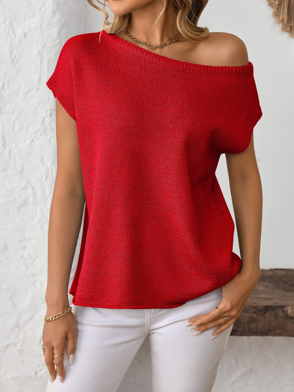 Mandy Boat Neck Short Sleeve Knit Top - felvior