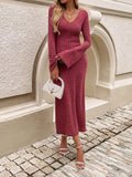 Devine Tied V-Neck Long Sleeve Sweater Dress - felvior