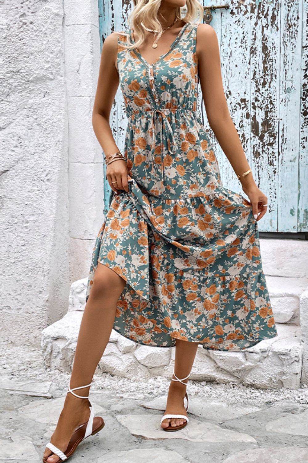 Perfee Floral V-Neck Tiered Sleeveless Dress - felvior