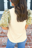 Floral Puff Sleeve Ribbed Blouse - felvior