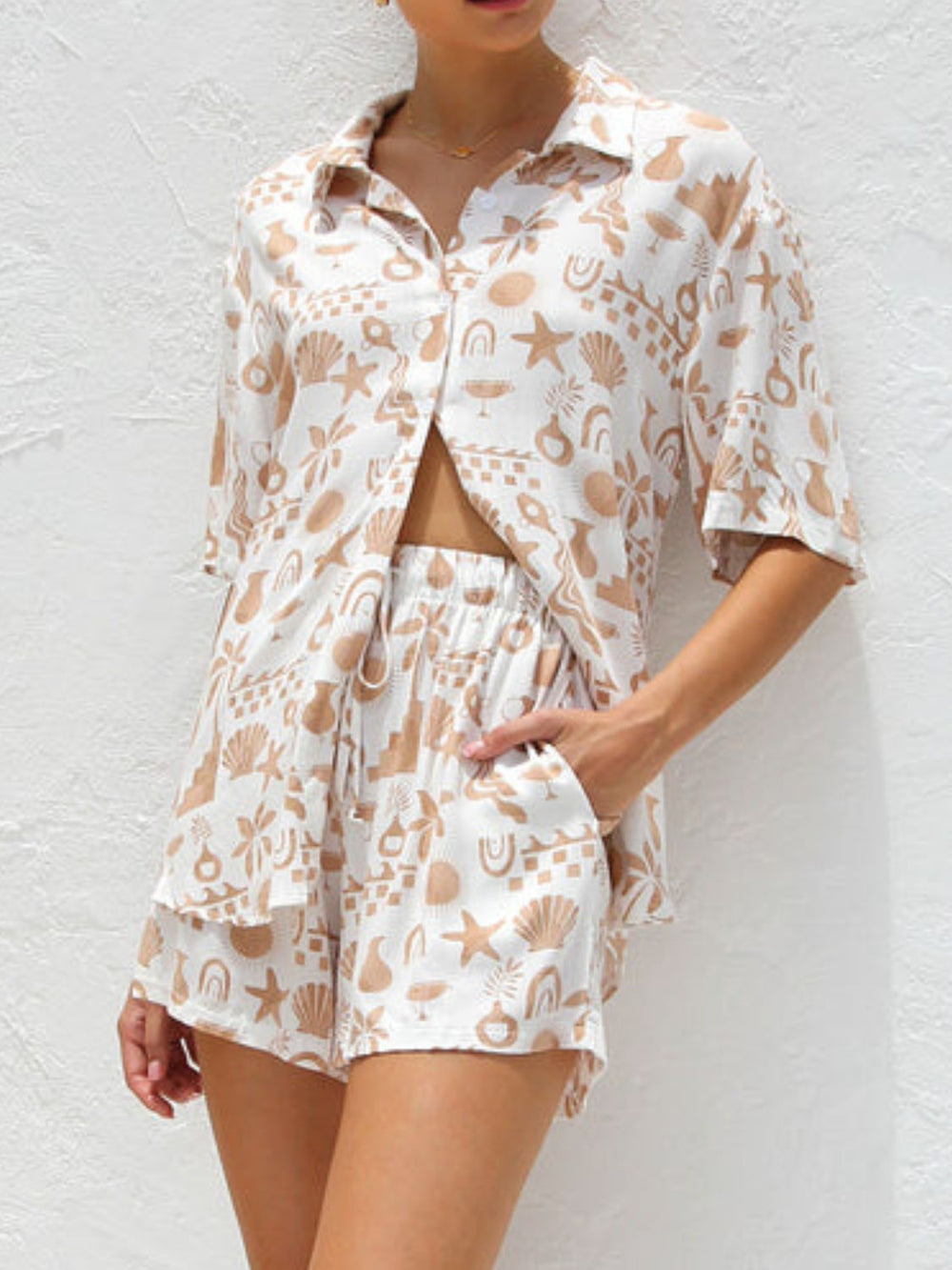 Printed Button Down Short Sleeve Top and Shorts Set