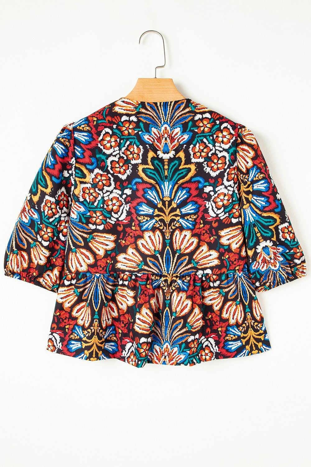 Tropical Print Puff Sleeve Knot Front Blouse - felvior
