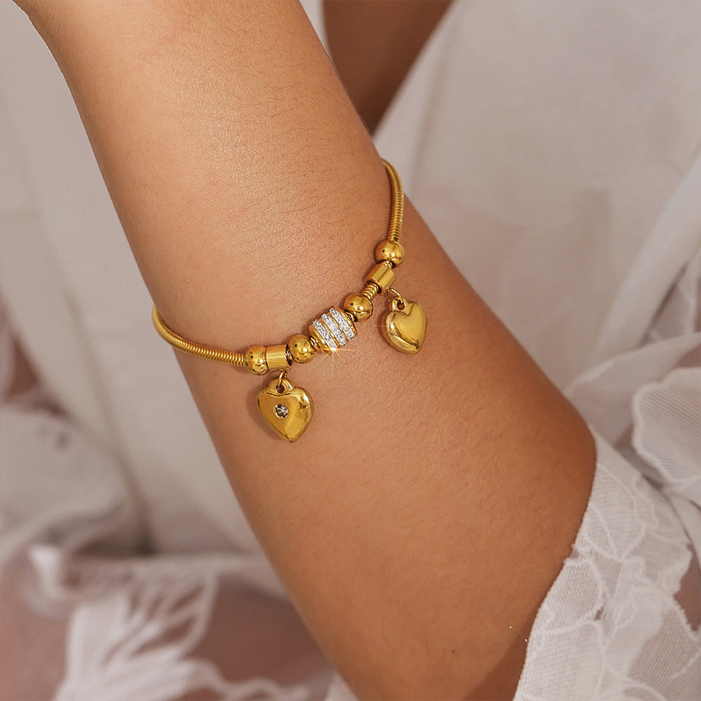 18K Gold-Plated Rhinestone Heart Charm Bracelet - felvior