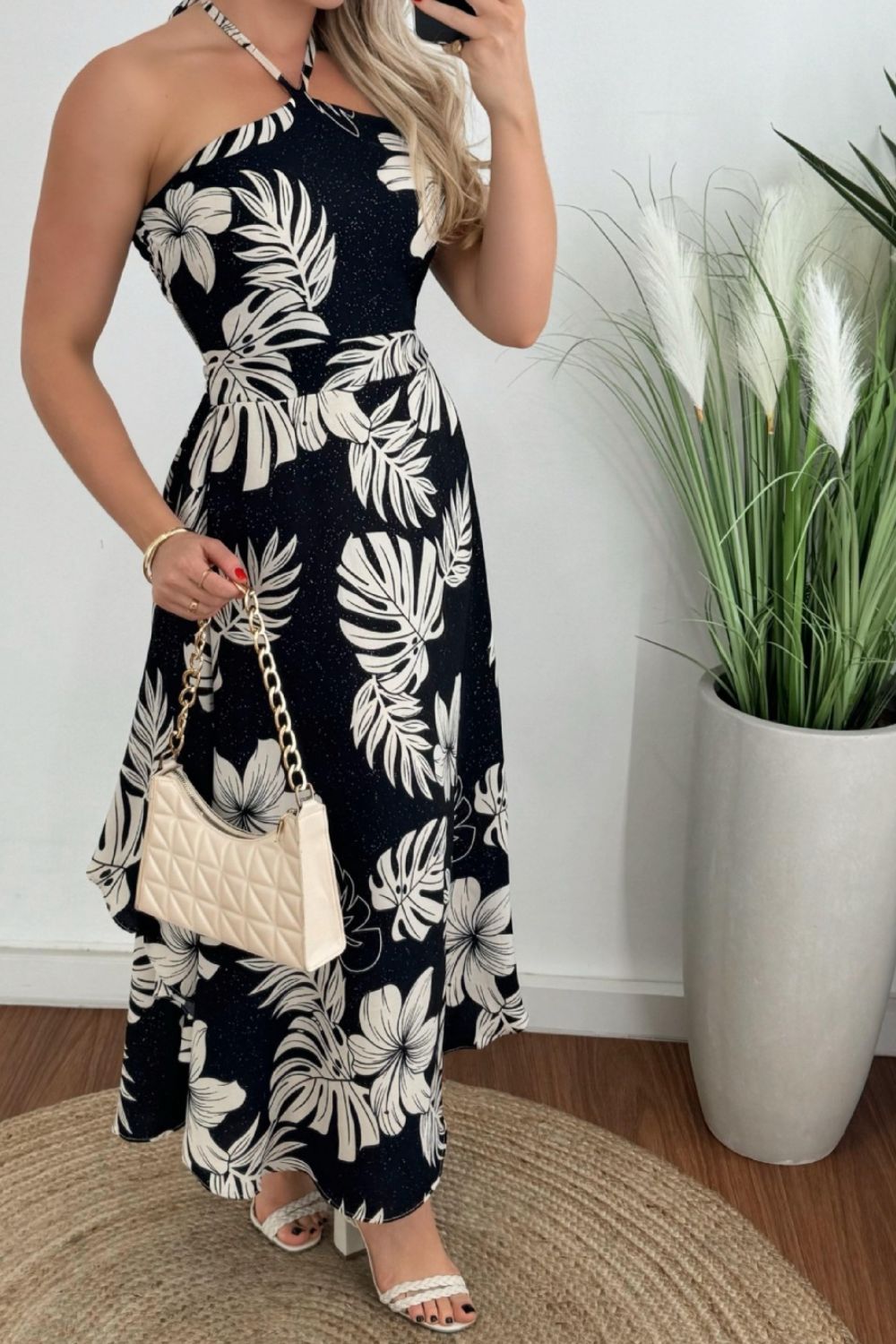 Smocked Printed Halter Neck Dress - felvior