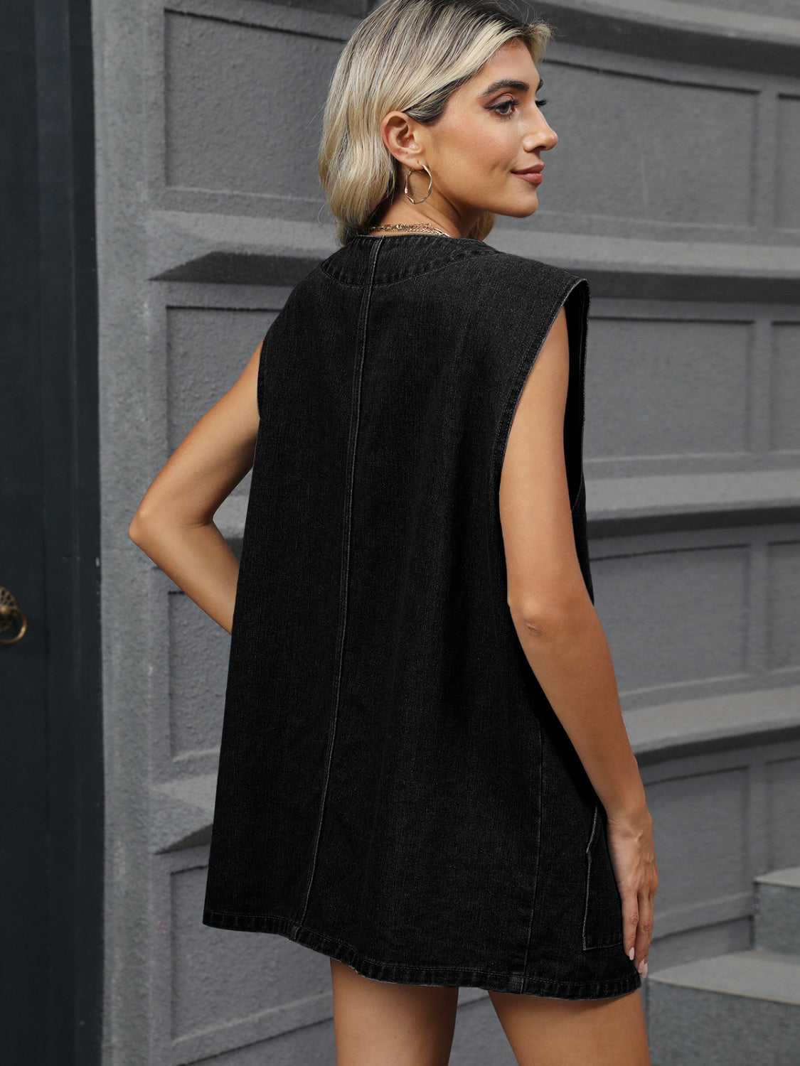 V-Neck Button Up Denim Vest - felvior