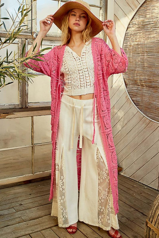 POL Tied Crochet 3/4 Sleeve Longline Cardigan - felvior
