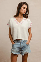 BiBi Knit Solid Contrast Stitch Detail Short Sleeves Sweater