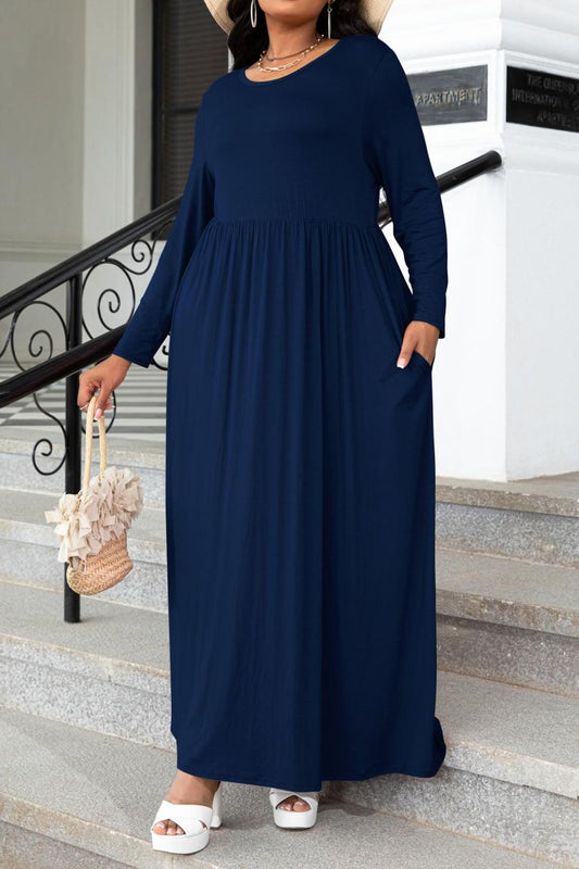 Plus Size Round Neck Long Sleeve Maxi Dress with Pockets - felvior