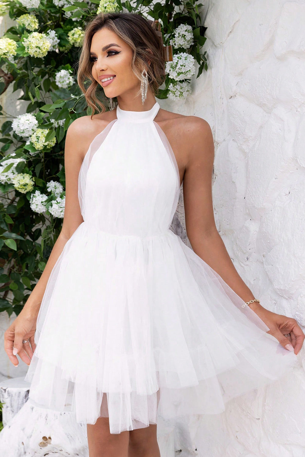 Halter Neck Backless Mesh Dress - felvior