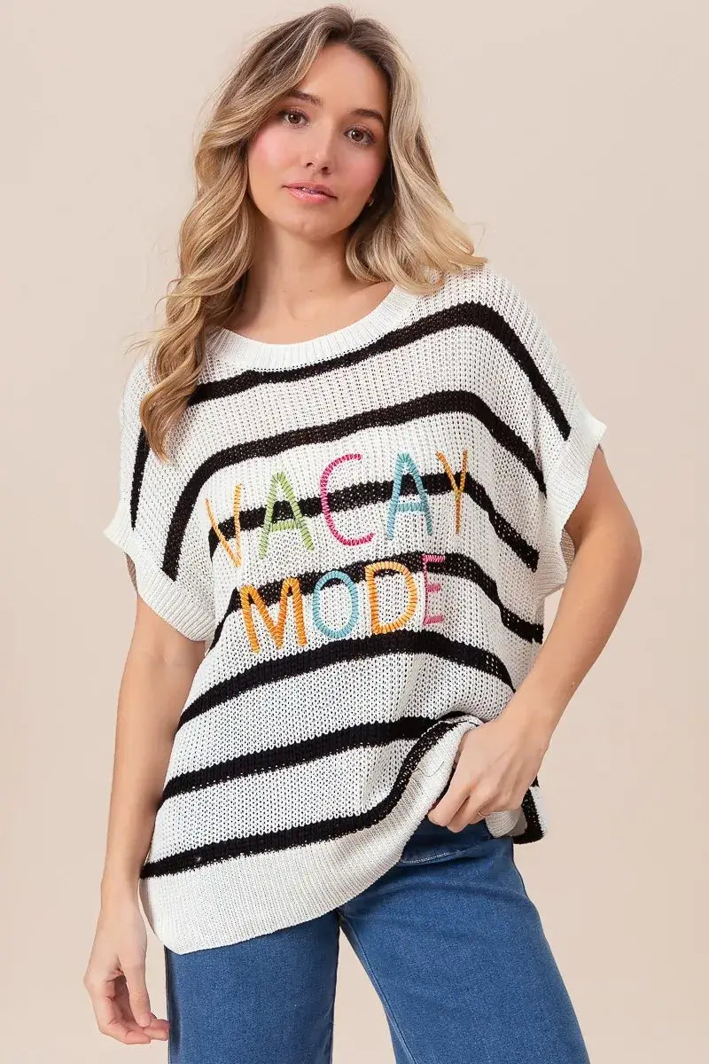 BiBi Vacay Mode Lettering Drop Shoulder Striped Sweater