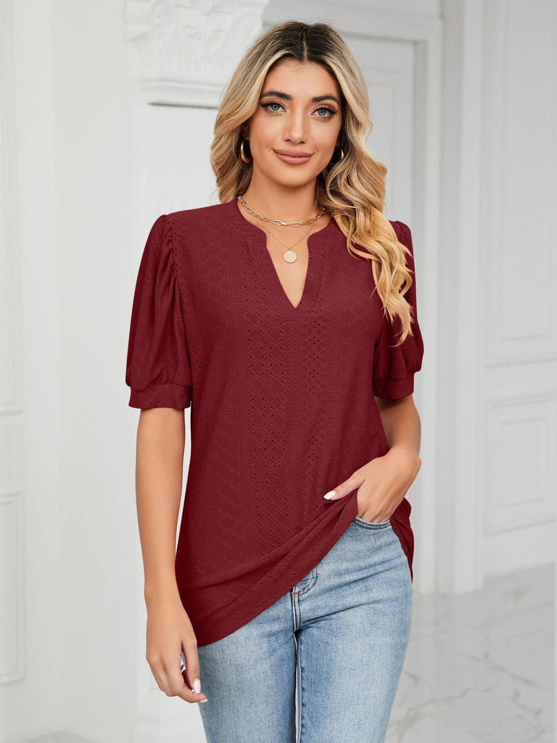 Florira Eyelet Notched Short Sleeve T-Shirt