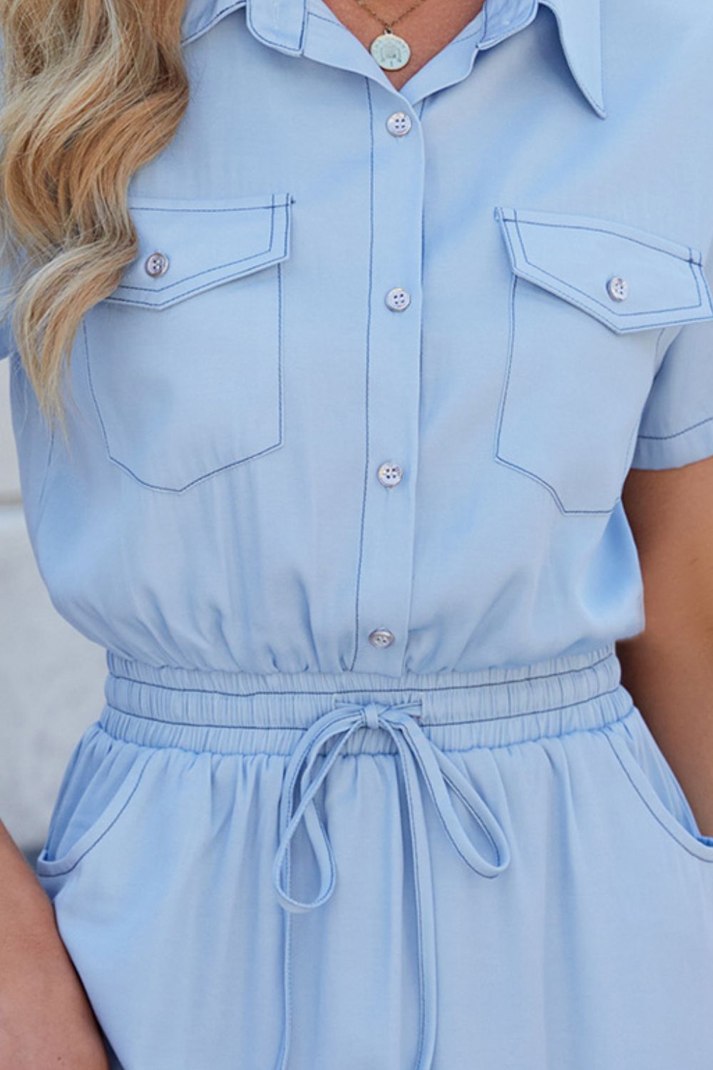 Drawstring Collared Neck Short Sleeve Denim Dress - felvior