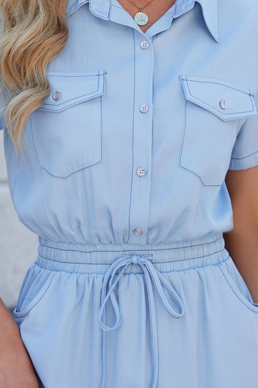 Drawstring Collared Neck Short Sleeve Denim Dress - felvior