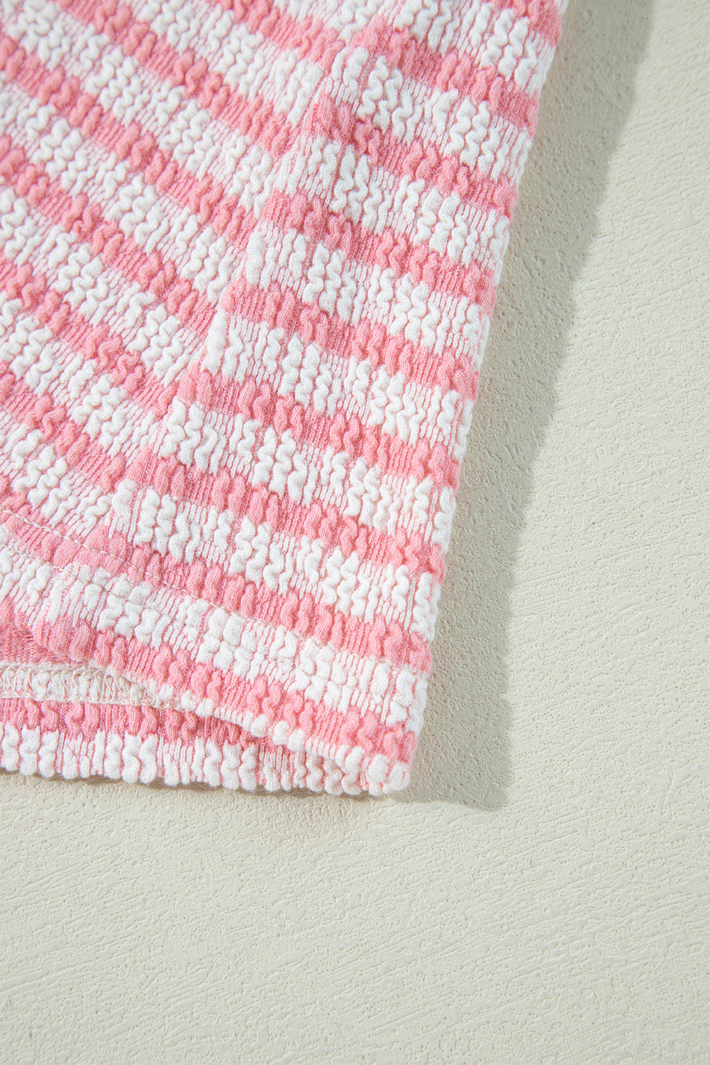 Stripe Textured Puff Sleeve Crewneck Top - felvior