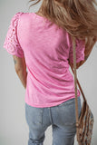 Eyelet Embroidery Scalloped Sleeve Round Neck Top - felvior