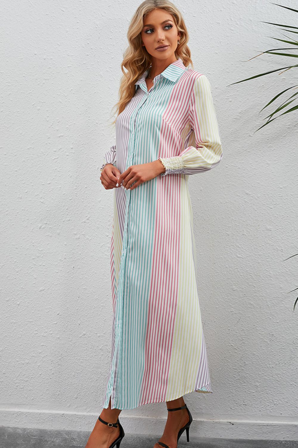 Rainbow Stripe Button-Up Maxi Shirt Dress - felvior