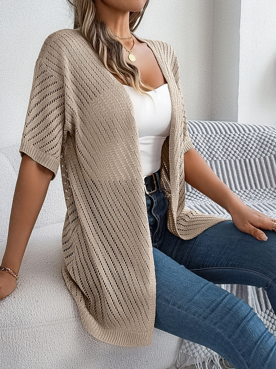 Openwork Open Front Half Sleeve Cardigan - felvior