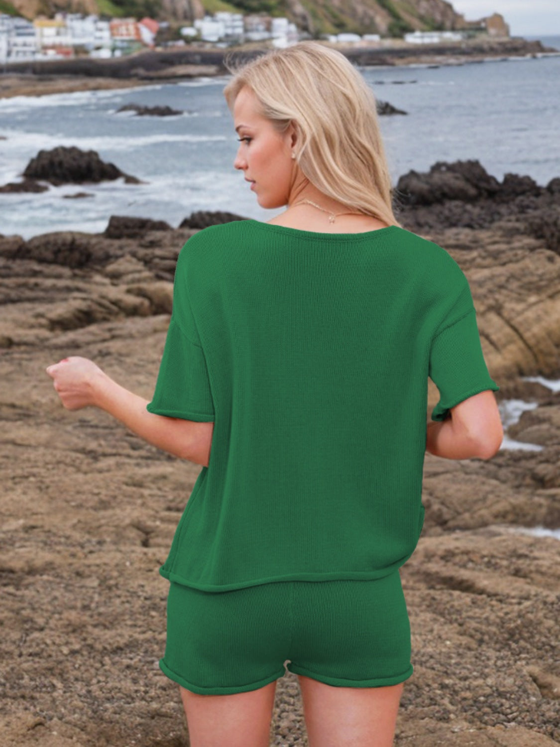 Round Neck Short Sleeve Top and Shorts Sweater Set - felvior