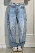Full Size Washed Rhinestone Detail Wide leg Jeans Plus Size