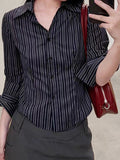 Devine Striped Collared Neck Long Sleeve Shirt - felvior