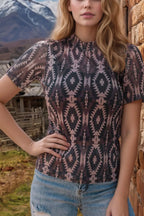 Aztec Print Mock Neck Short Sleeve Mesh T Shirt