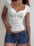 Half Button Scoop Neck Short Sleeve Knit Top - felvior