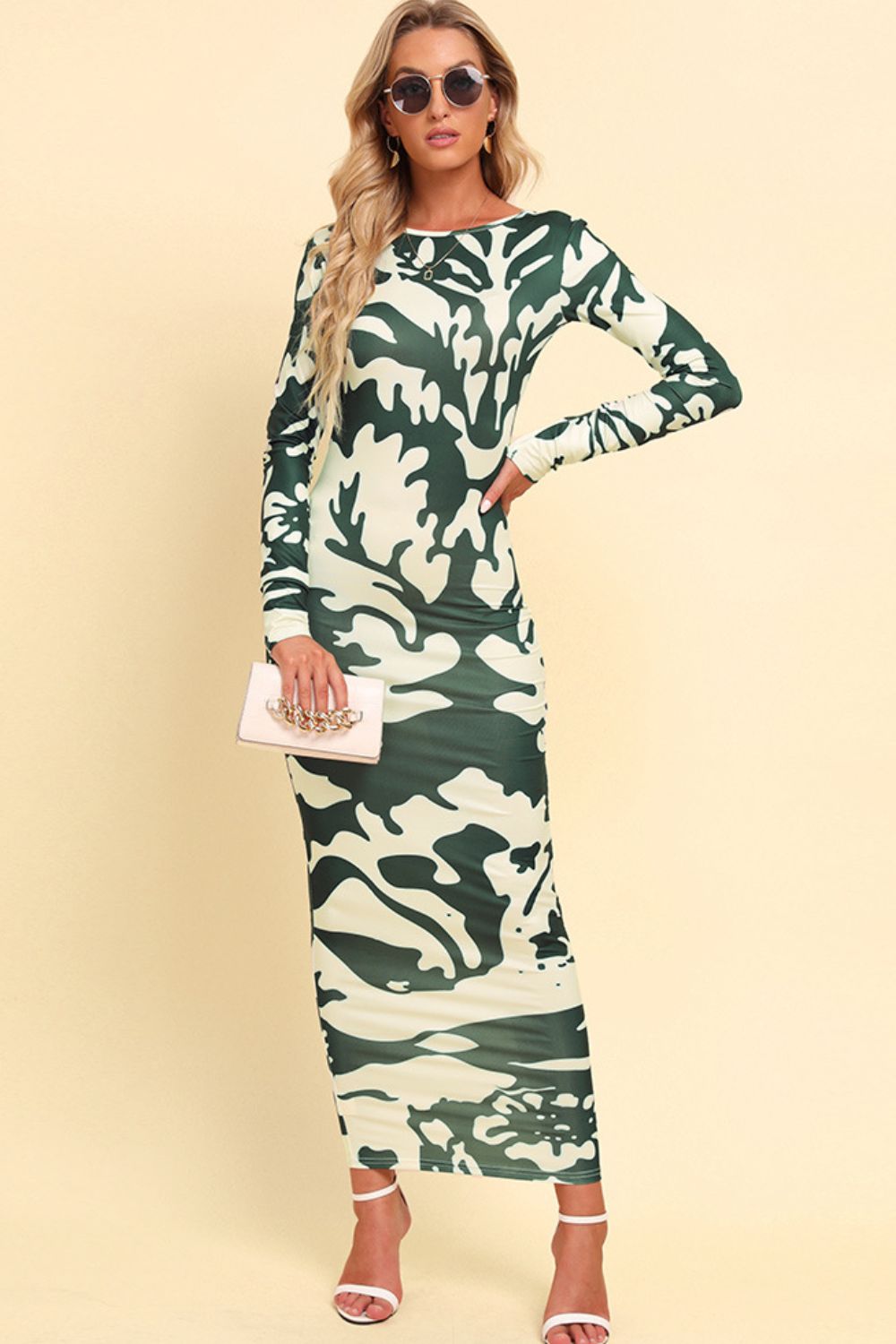 Printed Backless Long Sleeve Maxi Dress - felvior