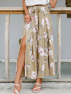 Tied Waist Slit Floral Wide leg Pants