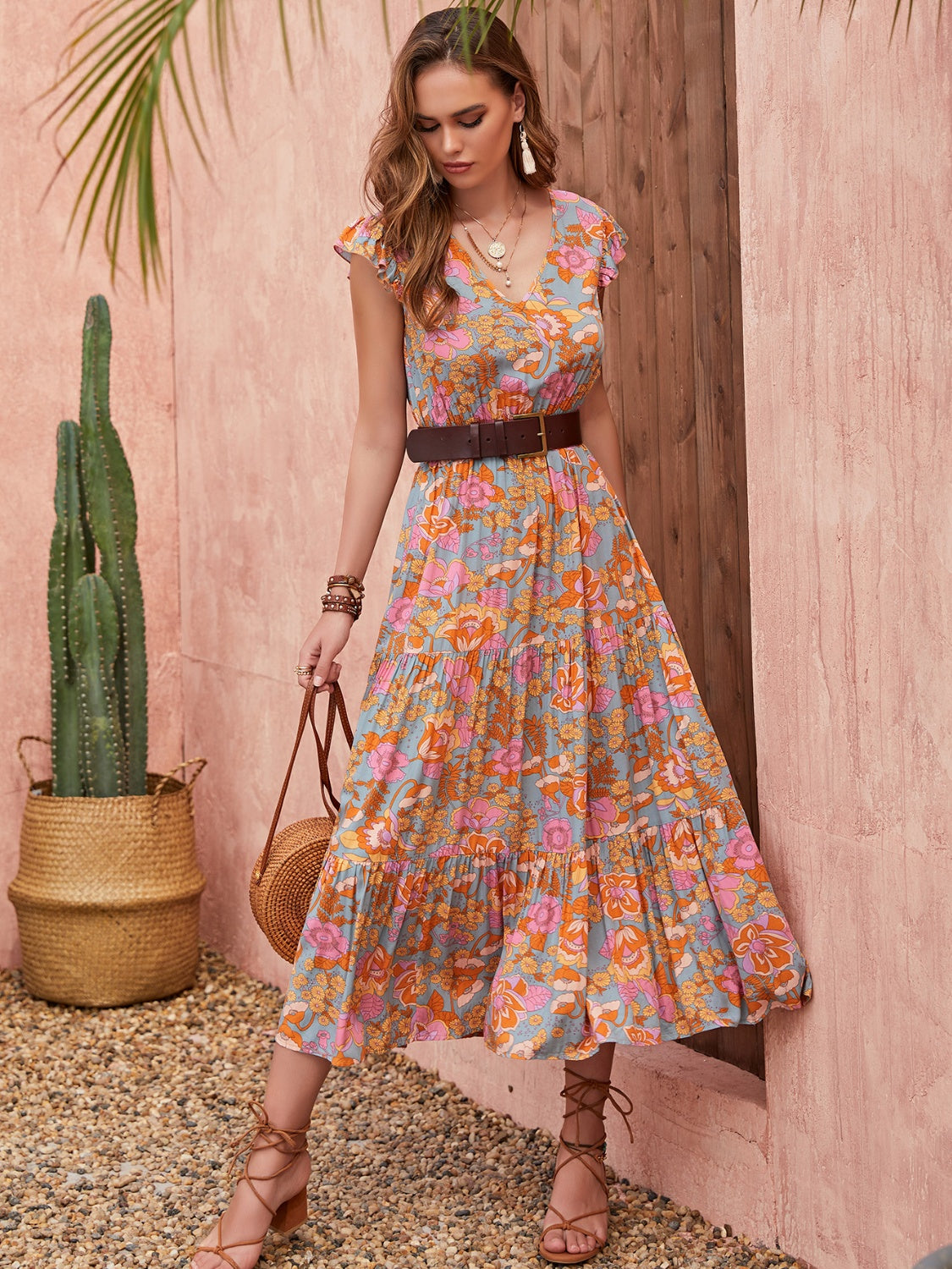 Ruffled Printed V-Neck Cap Sleeve Tiered Dress - felvior