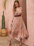 Ruffled Printed V-Neck Cap Sleeve Tiered Dress - felvior