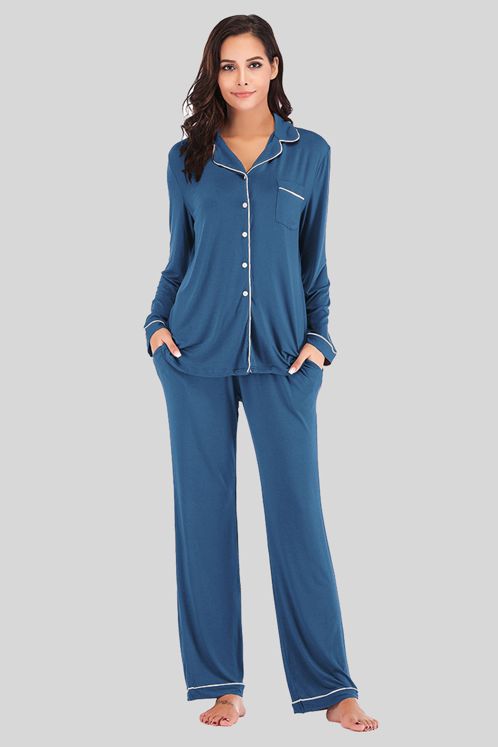 Collared Neck Long Sleeve Loungewear Set with Pockets - felvior