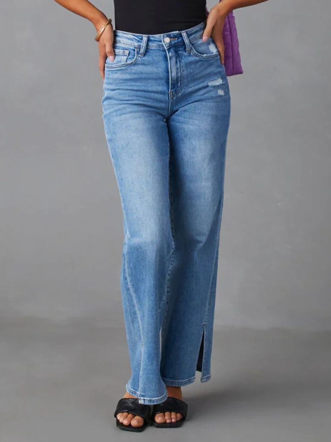 Slit Buttoned Jeans with Pockets - felvior