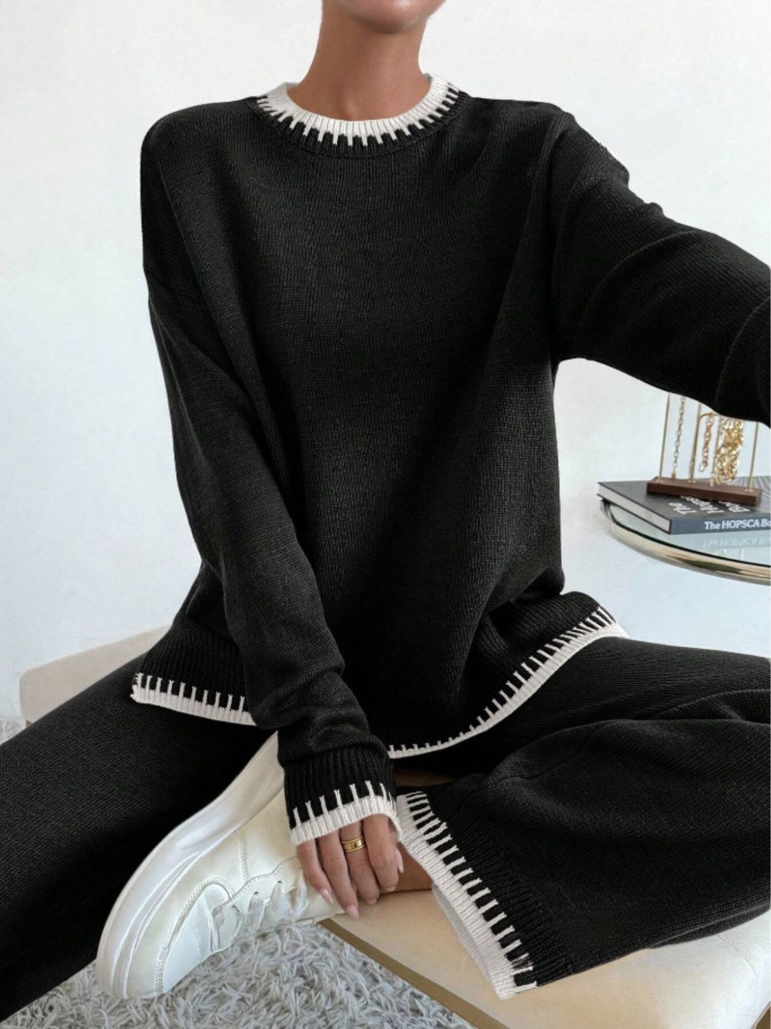 Side Slit Contrast Trim Round Neck Top and Pants Sweater Set - felvior