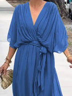 Full Size Flowy Tie Front Midi Dress with Flutter Sleeves Plus Size