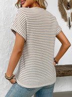 Striped Notched Short Sleeve T-Shirt