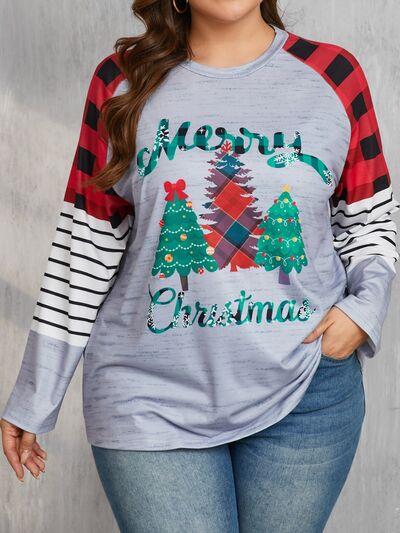 Plus Size Christmas Tree Plaid Round Neck Long Sleeve T-Shirt - felvior