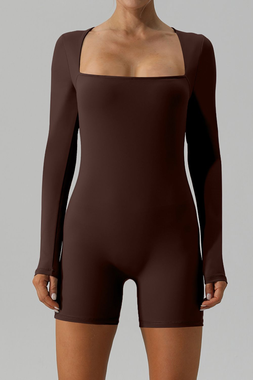 Square Neck Long Sleeve Active Romper - felvior
