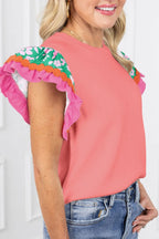Ruffled Round Neck Cap Sleeve Top